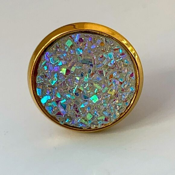 White Iridescent Prism Faux Druzy Quartz Sparkly Gold Rainbow Iced Earrings NEW - Picture 7 of 10